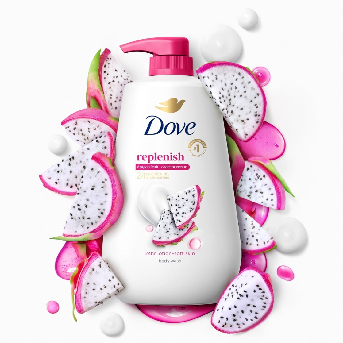 Dove Body Wash for 24hr Lotion-Soft Skin Replenish Dragon Fruit and Coconut Cream Moisturizing Skin Cleanser with No Sulfates No Parabens, 30.6 fl oz