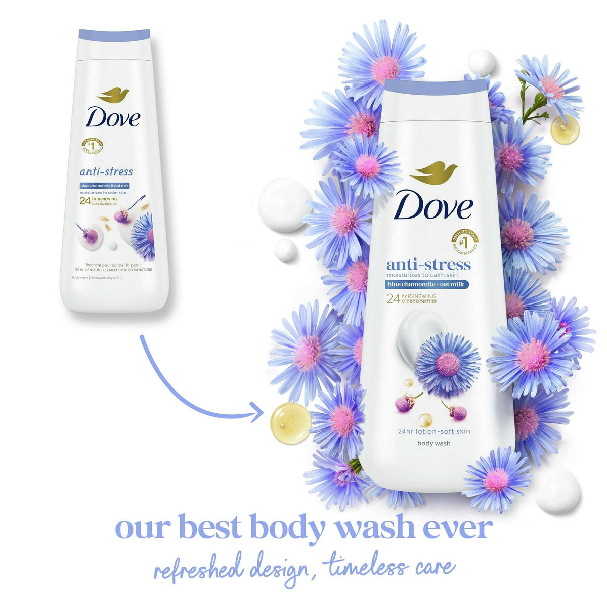 Dove Body Wash for Women Moisturizing Anti-Stress Blue Chamomile & Oat Milk Cleanser All Skin, 20 oz