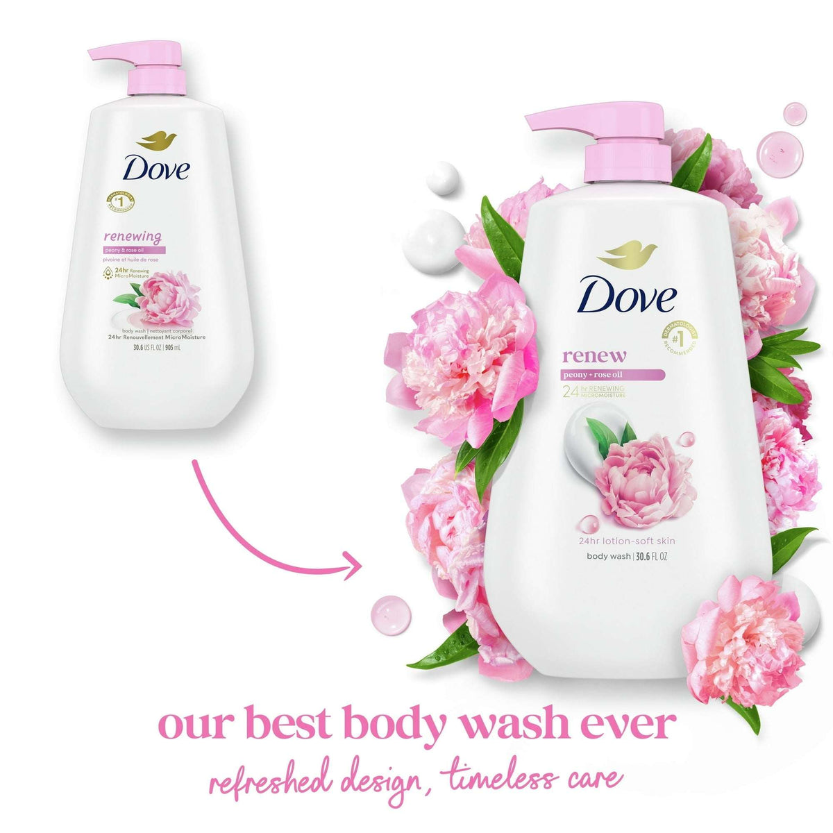 Dove Body Wash for Women Moisturizing Renew Peony & Rose Oil Cleanser All Skin, 30.6 oz with Pump