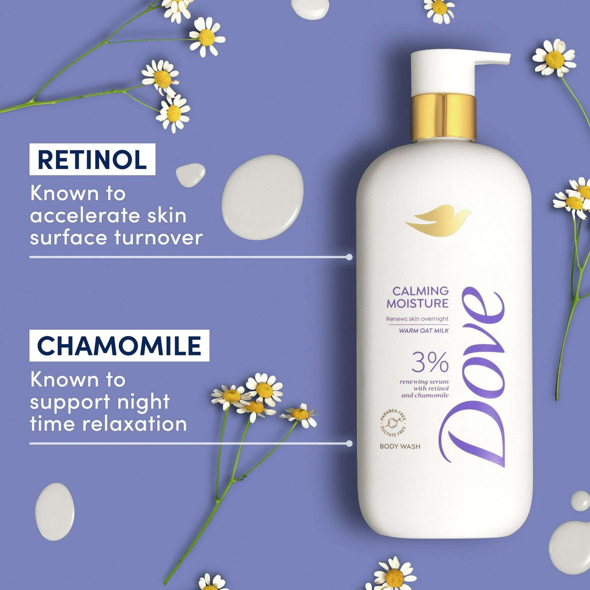 Dove Calming Moisture Body Wash for Women 3% Renewing Serum with Retinol & Chamomile, 18.5 oz