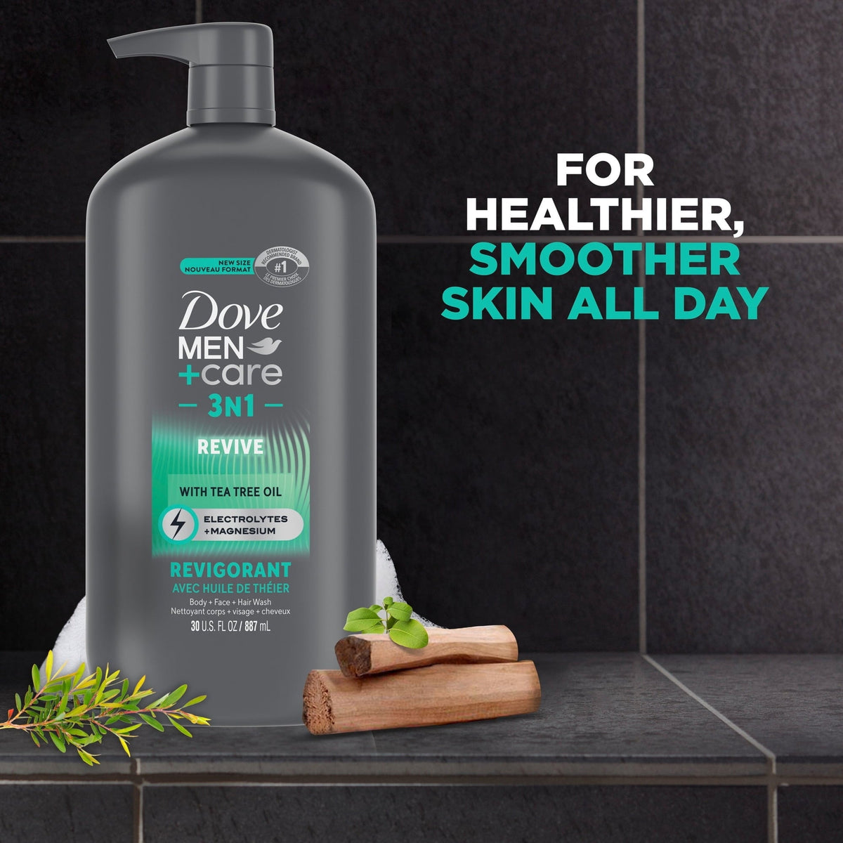 Dove Men+Care Body And Face Wash With Tea Tree Oil, Invigorating Revive 3N1 With 24-Hour Nourishing Micromoisture Technology, ,30 fl oz (Pack of 3)