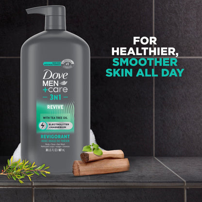 Dove Men+Care Body And Face Wash With Tea Tree Oil, Invigorating Revive 3N1 With 24-Hour Nourishing Micromoisture Technology, ,30 fl oz (Pack of 3)