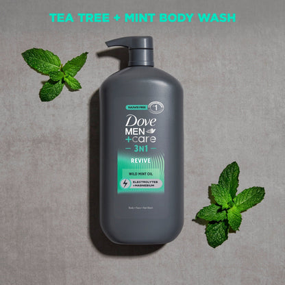 Dove Men+Care Body And Face Wash With Tea Tree Oil, Invigorating Revive 3N1 With 24-Hour Nourishing Micromoisture Technology, ,30 fl oz (Pack of 3)