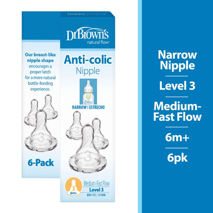 Dr. Brown's Natural Flow Preemie, Narrow Baby Bottle Nipple, Slowest Flow 0m+, 100% Silicone, 6-Pack
