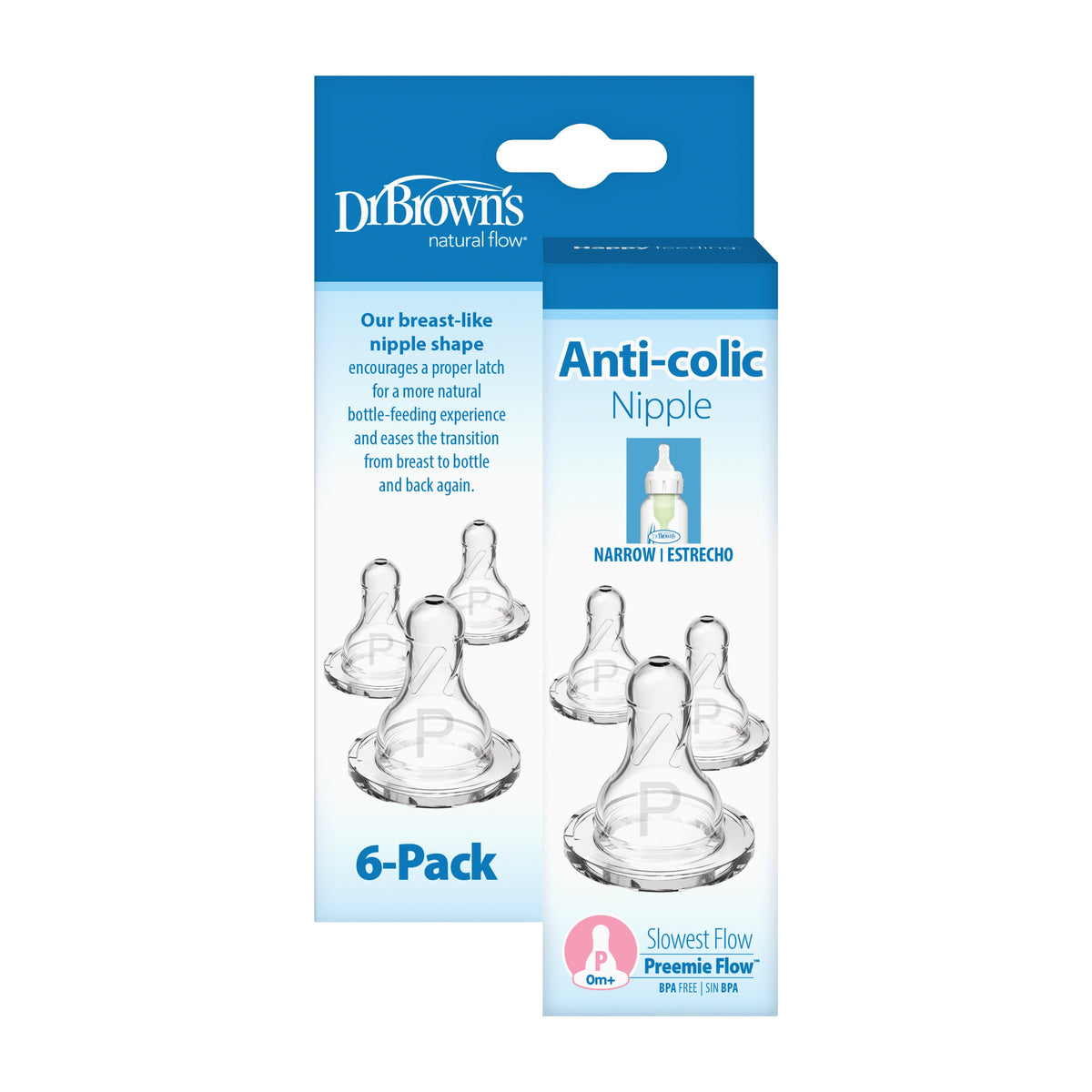 Dr. Brown's Natural Flow Preemie, Narrow Baby Bottle Nipple, Slowest Flow 0m+, 100% Silicone, 6-Pack