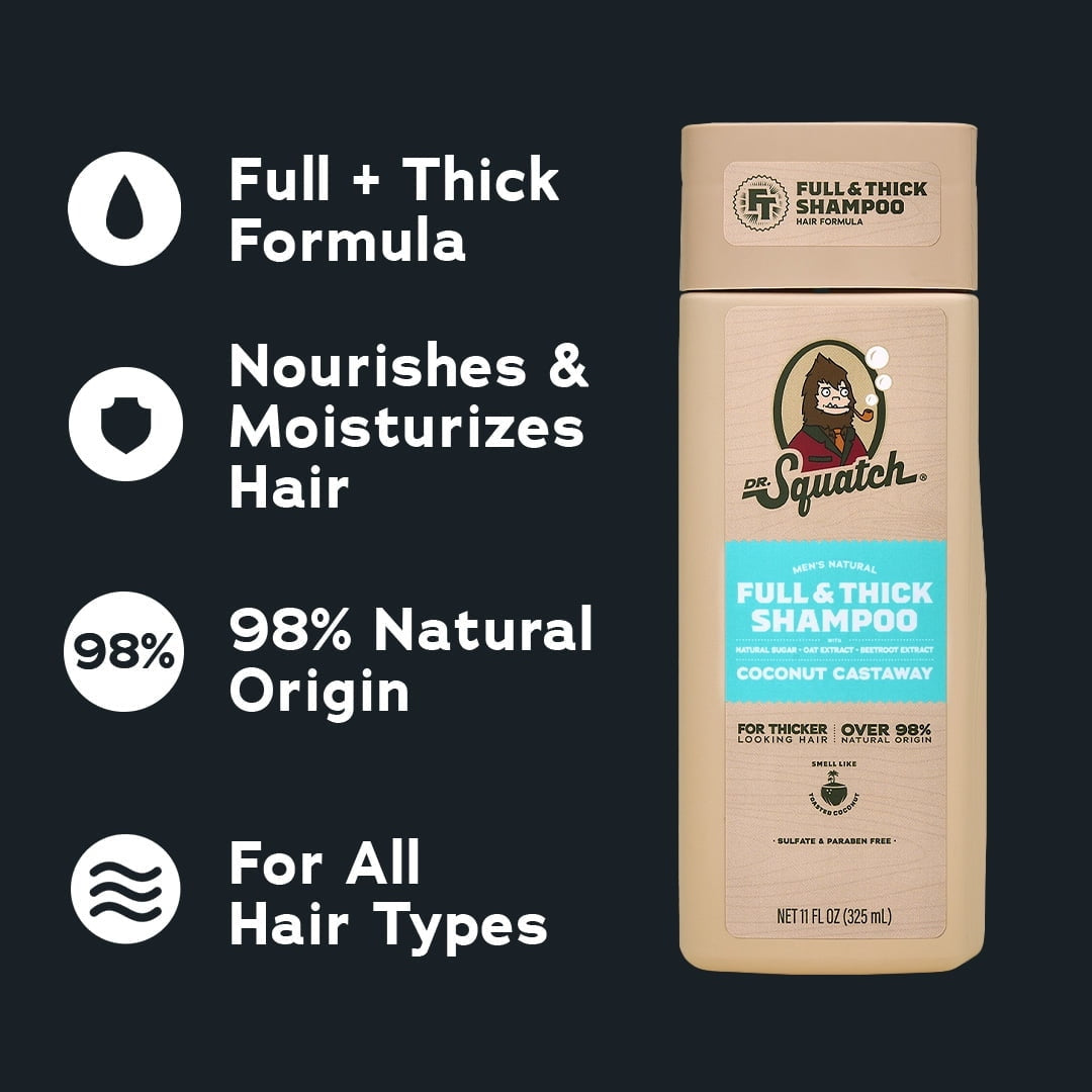 Dr. Squatch Full & Thick Mens Hydrating Shampoo, Thickening Natural Sulfate Free Shampoo for Men, Coconut Castaway, 11 fl Oz (PACK OF 3 )