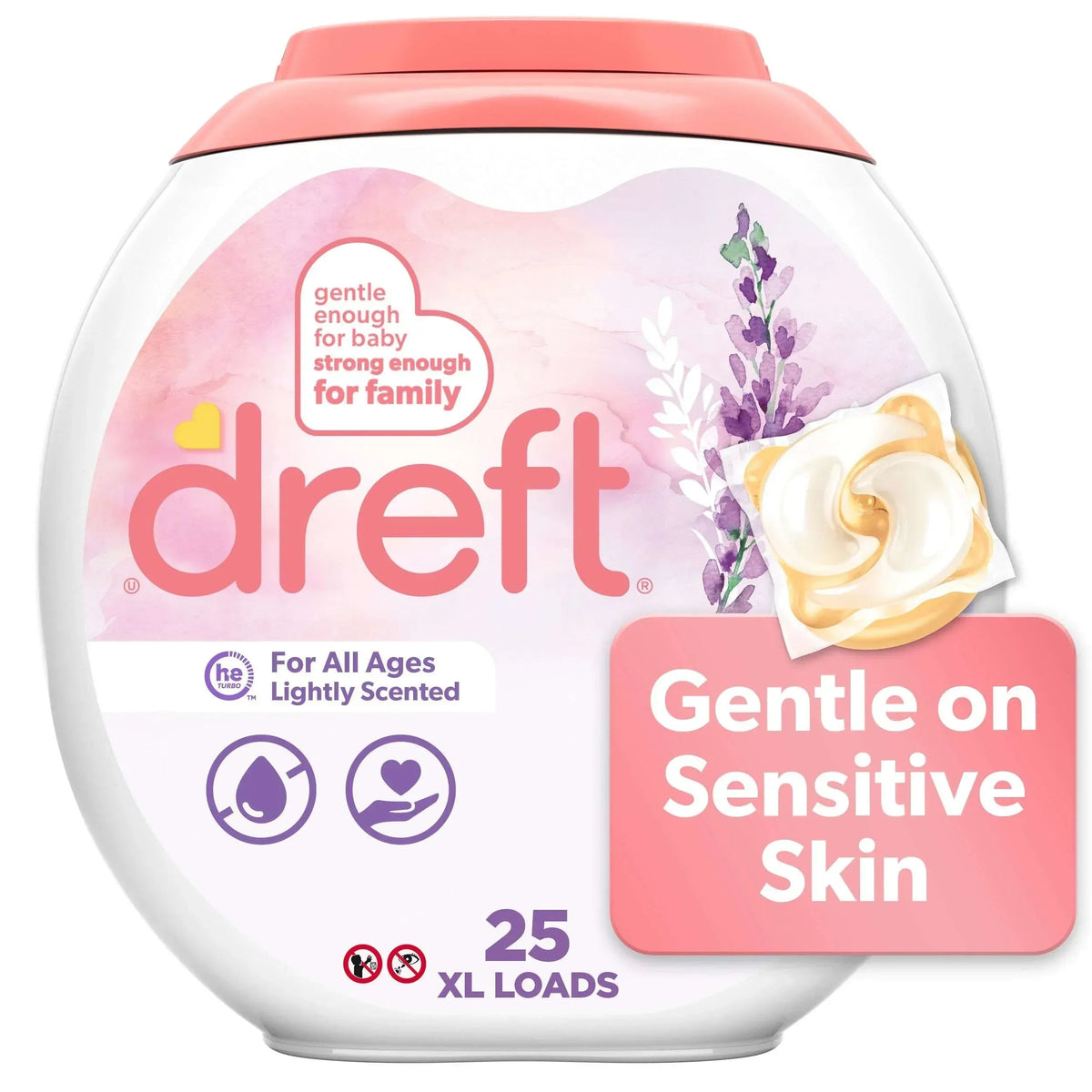 Dreft Baby Laundry Detergent XL Pacs, Sensitive Skin, Hypoallergenic, Lightly Scented Lavender, 25 Count