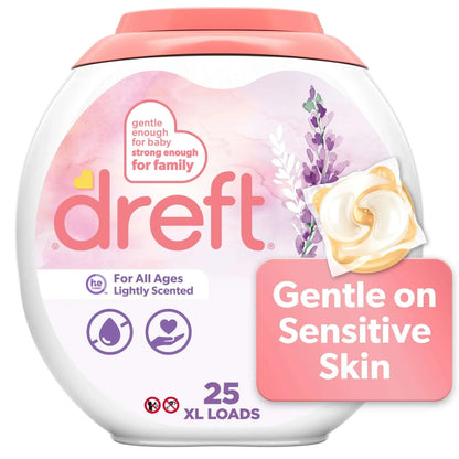 Dreft Baby Laundry Detergent XL Pacs, Sensitive Skin, Hypoallergenic, Lightly Scented Lavender, 25 Count