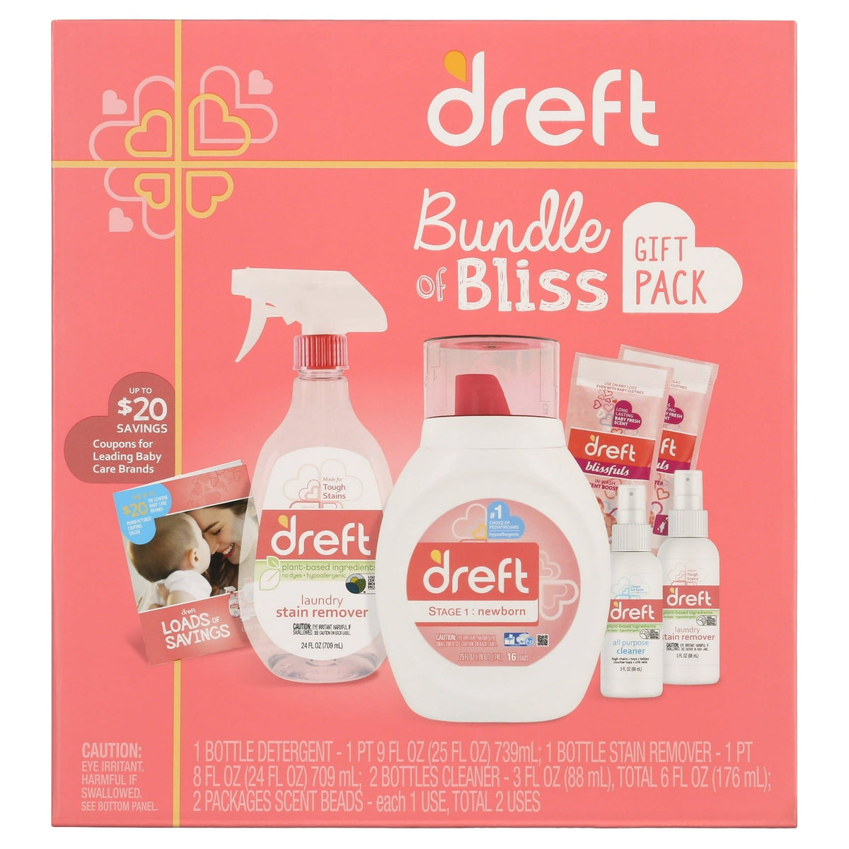 Dreft Bundle of Bliss Baby Gift Set with Laundry Detergent and Stain Remover, Infant Essentials, 16 Loads, 7 Pieces
