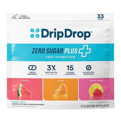 DripDrop Hydration Zero Sugar Plus, 33 Stick Packs in Resealable Pouch, Variety Pack