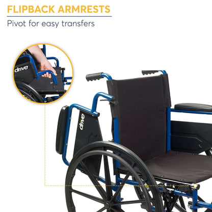 Drive Medical Blue Streak Manual Wheelchair with Flip-Back Desk Arms and Swing-Away Footrests, Steel Frame, 20 inch Seat