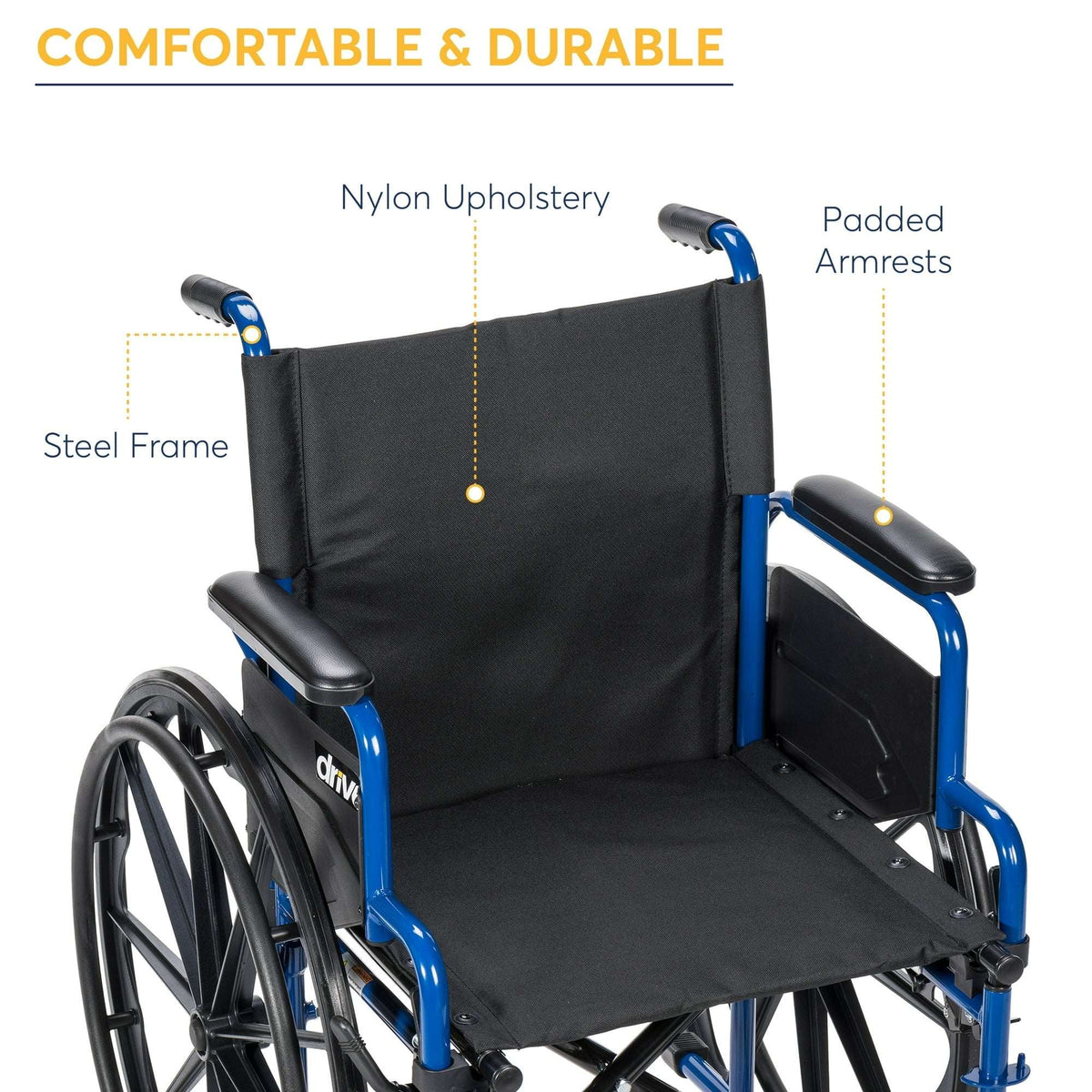 Drive Medical Blue Streak Manual Wheelchair with Flip-Back Desk Arms and Swing-Away Footrests, Steel Frame, 20 inch Seat