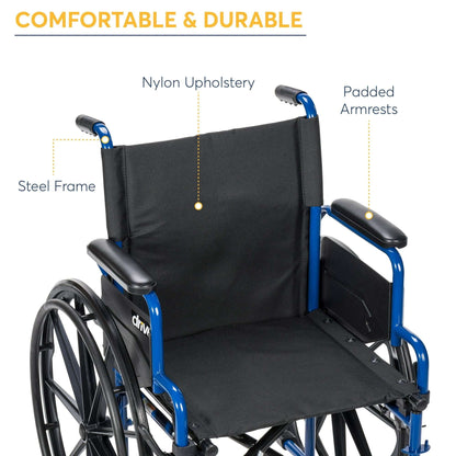 Drive Medical Blue Streak Manual Wheelchair with Flip-Back Desk Arms and Swing-Away Footrests, Steel Frame, 20 inch Seat