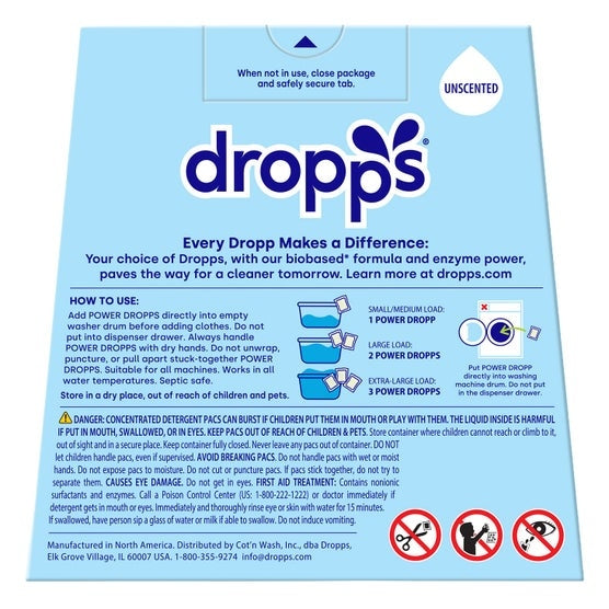 Dropps Free + Clear Biobased* Power Laundry Detergent Pacs, Unscented, 128-count
