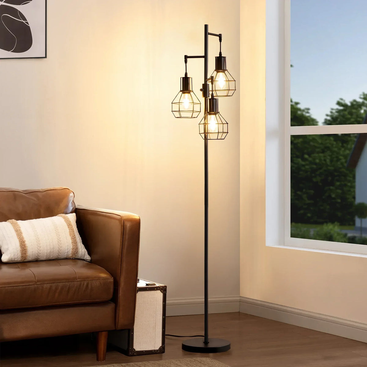 EDISHINE 65IN Farmhouse Industrial Black Floor Lamps for Living Room, Dimmable, Metal Standing Tree Lamp for Bedroom, Office, Home Decor, Lighting, 3 LED Bulb Included