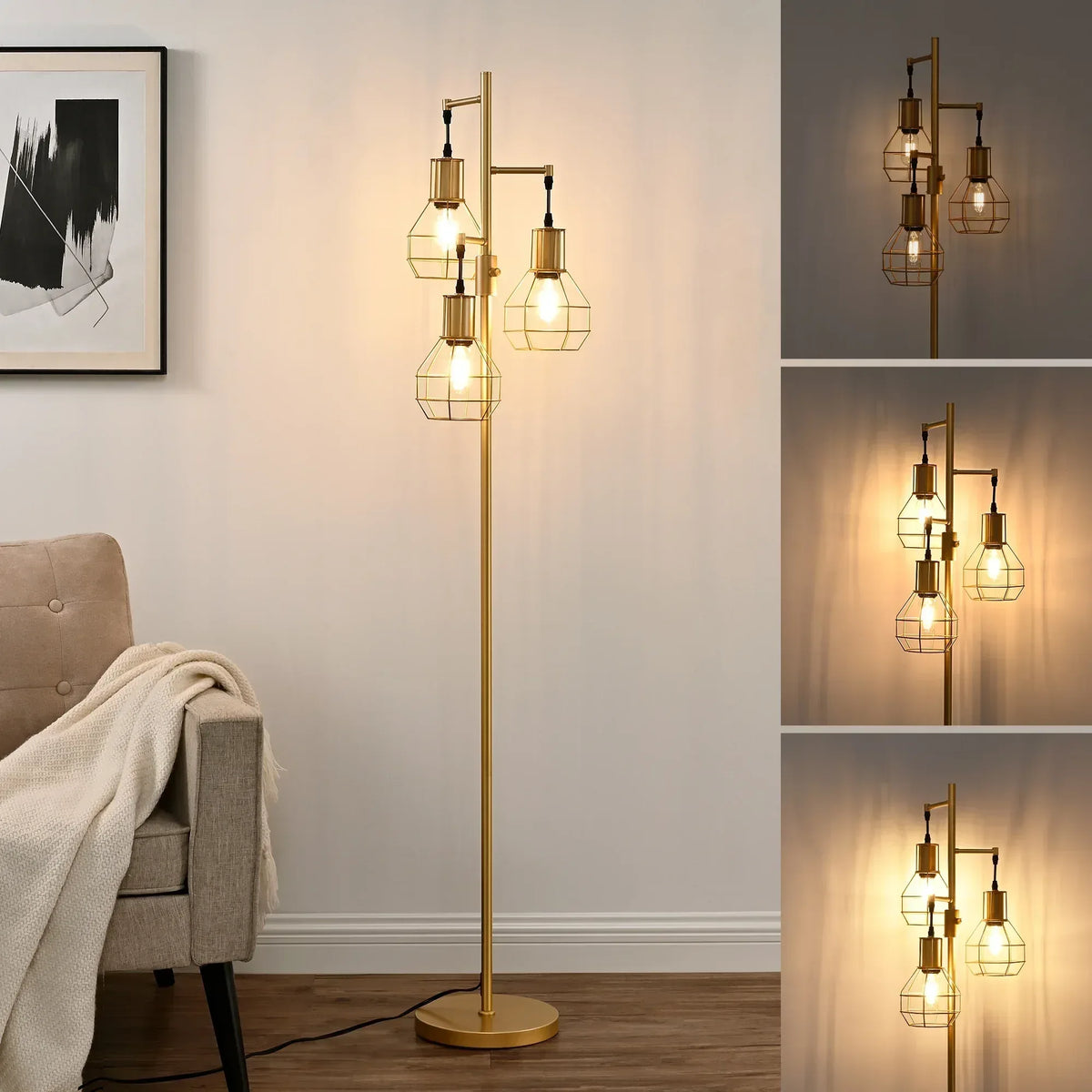 EDISHINE 65IN Farmhouse Industrial Black Floor Lamps for Living Room, Dimmable, Metal Standing Tree Lamp for Bedroom, Office, Home Decor, Lighting, 3 LED Bulb Included