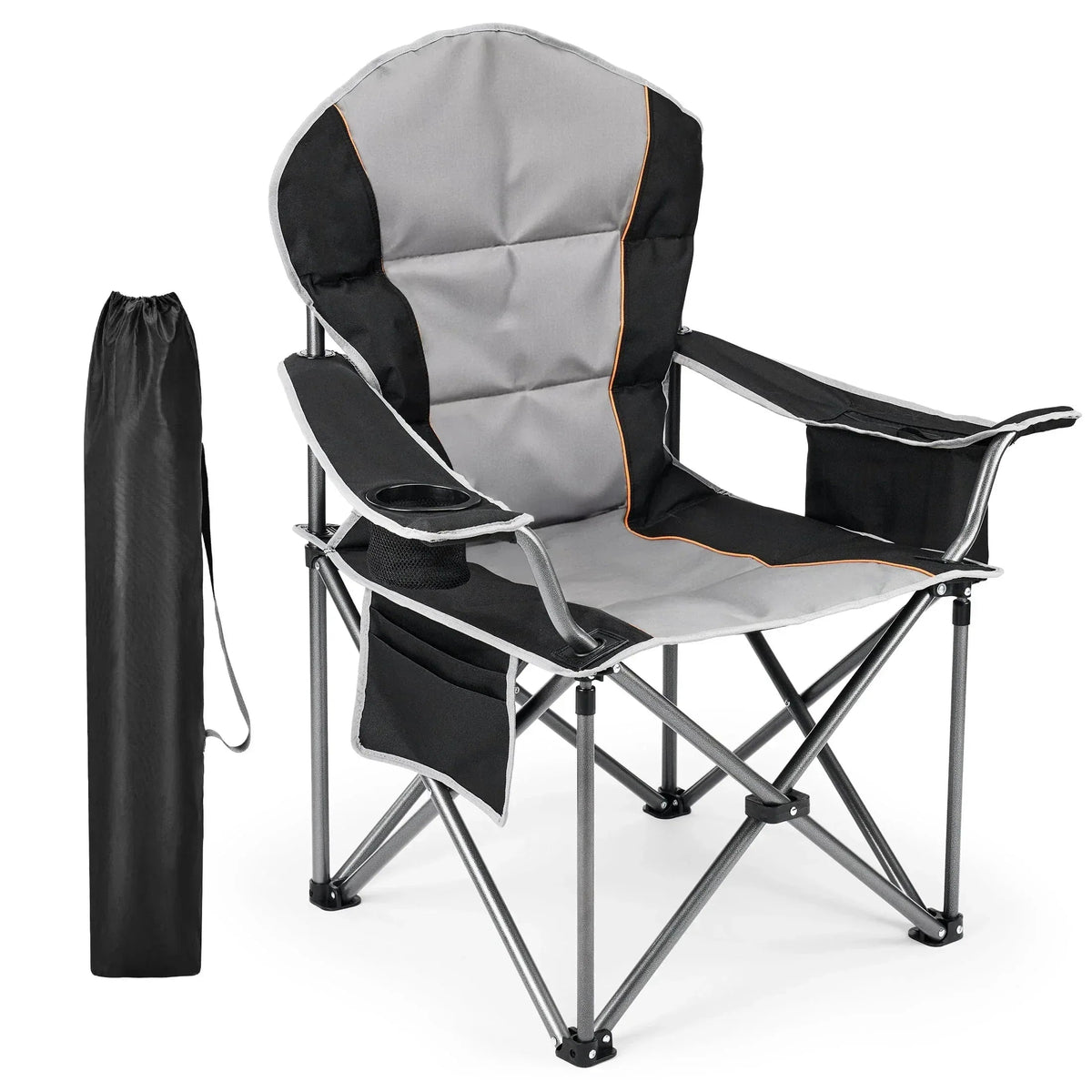 EDX Oversized Camping Folding Chair, Heavy Duty Padded Chair with Cup Holder Storage and Cooler Bag, 5000 LBS Steel Frame, Portable for Outdoor,Black Gray