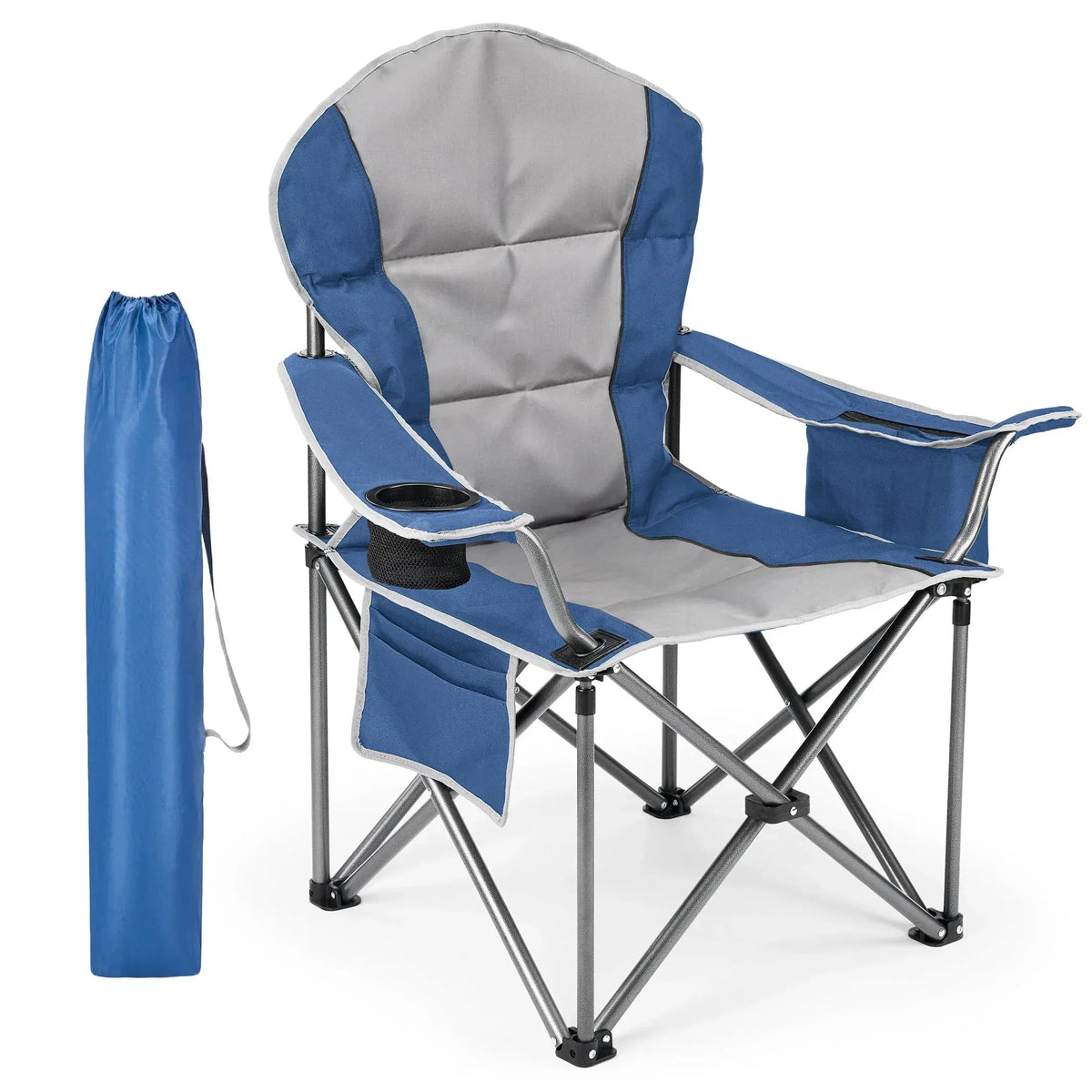 EDX Oversized Camping Folding Chair, Heavy Duty Padded Chair with Cup Holder Storage and Cooler Bag, 5000 LBS Steel Frame, Portable for Outdoor,Black Gray