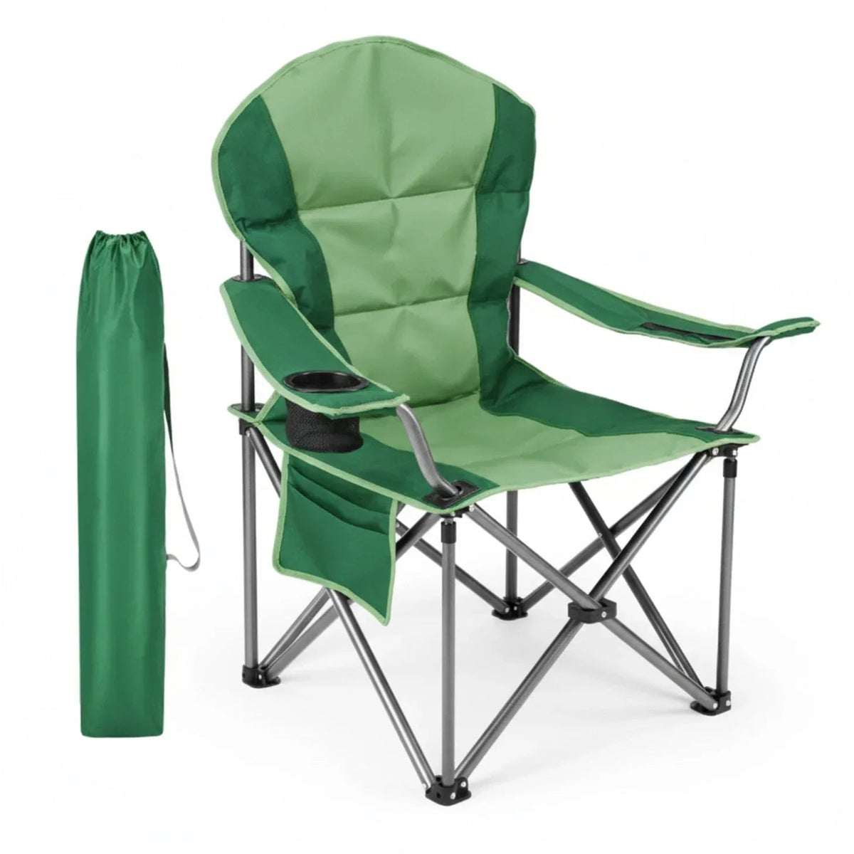 EDX Oversized Camping Folding Chair, Heavy Duty Padded Chair with Cup Holder Storage and Cooler Bag, 5000 LBS Steel Frame, Portable for Outdoor,Black Gray