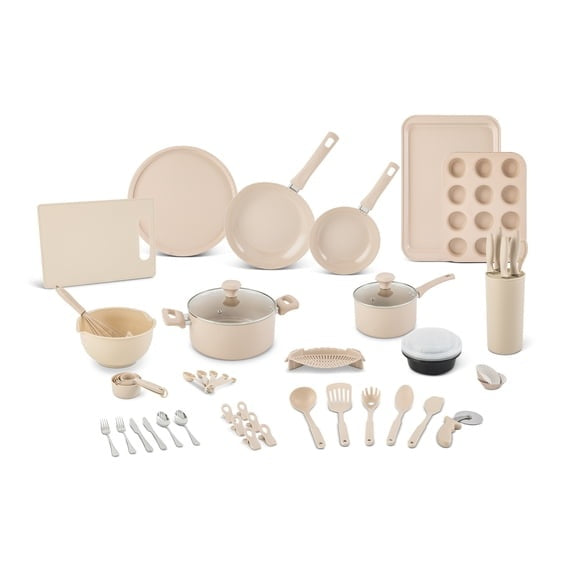 Elements by Thyme & Table 60-Piece Ceramic Non-Stick Cookware Set - Red