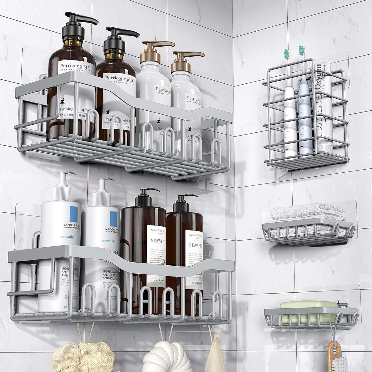 EUDELE Adhesive Shower Caddy, 5 Pack Rustproof Stainless Steel Bath Organizers With Large Capacity, No Drilling Shelves for Bathroom Storage & Home Decor