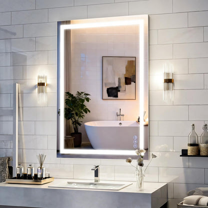 Easy4Home 24"x32" LED Bathroom Mirror Wall Mounted Anti-Fog Vanity Mirror with Adjustable Lights, White