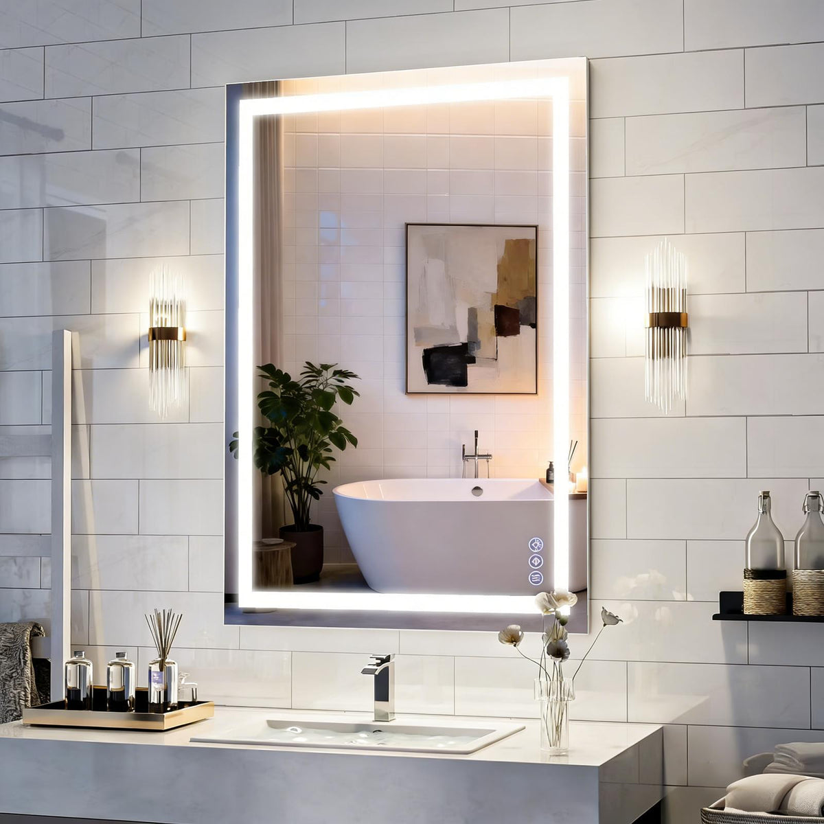 Easy4Home 24"x32" LED Bathroom Mirror Wall Mounted Anti-Fog Vanity Mirror with Adjustable Lights, White