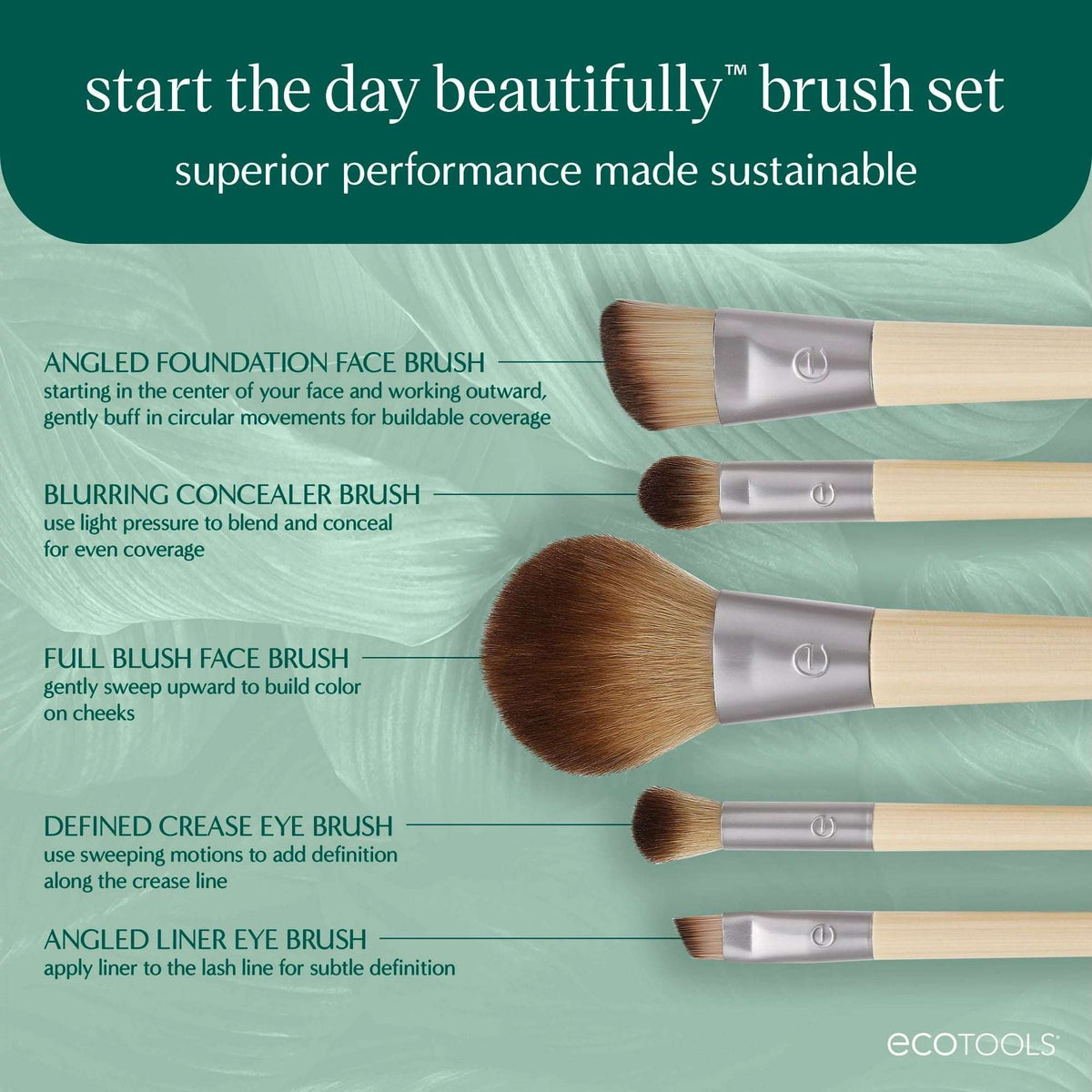 EcoTools Start the Day Beautifully Makeup Brush Kit with Storage Tray, 6 Piece Set