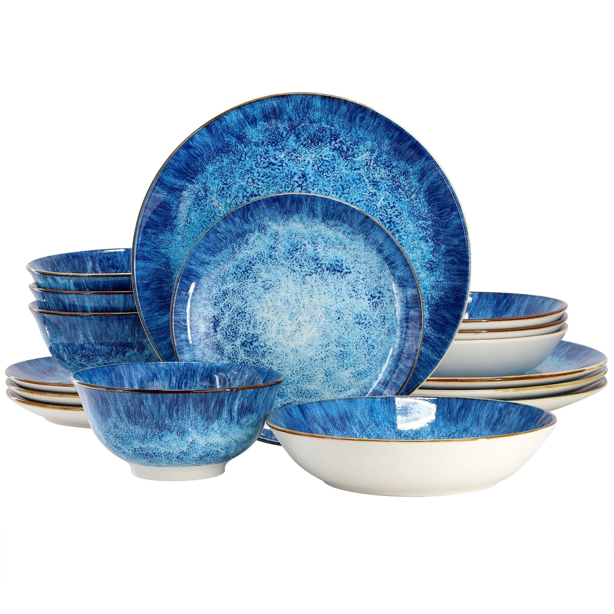 Elama Oceanus 16 Piece Porcelain Double Bowl Dinnerware Set in Blue, Tableware Setting Service for 4