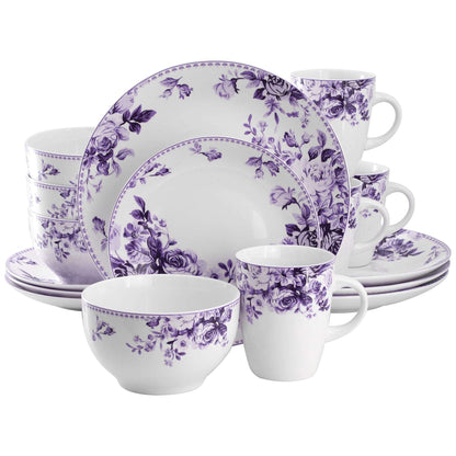 Elama Traditional Purple Rose 24 Piece Porcelain Double Bowl Dinnerware Set