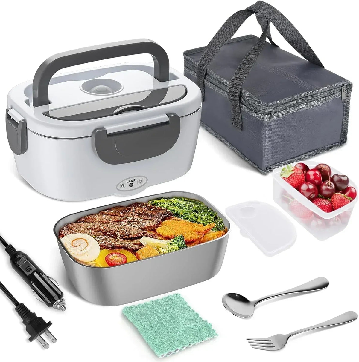 Electric Lunch Box Food Heater, AOKIWO 80W Electric Heating Lunch Boxes for Car/Men/Adults/Home/Work, 1.5L Removable 304 Stainless Steel Container, 110V/12V/24V, with Fork & Spoon
