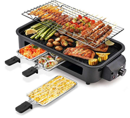 Electric Smokeless Indoor Grill – Non-Stick Raclette BBQ with 3 Mini Pans, Perfect for Grilling, Roasting & Frying, Easy to Clean, 1500W (Beige)