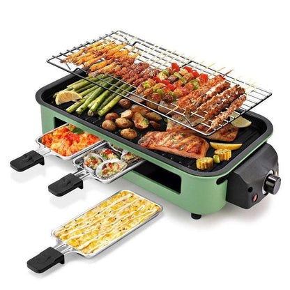 Electric Smokeless Indoor Grill – Non-Stick Raclette BBQ with 3 Mini Pans, Perfect for Grilling, Roasting & Frying, Easy to Clean, 1500W (Beige)