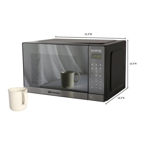 Emerson 1.5 cu. ft., 1100W, Inverter, Touch Control, Stainless Steel, Mirror Finish Countertop Microwave