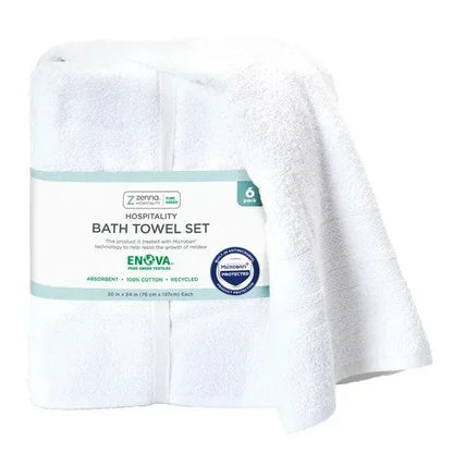 Enova Recycled Cotton Bath Towels for Hospitality and Home, White, Set of 6
