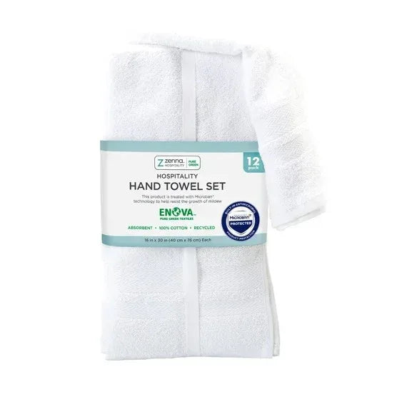 Enova Recycled Cotton Hand Towels for Hospitality and Home, White, Set of 12