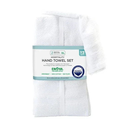 Enova Recycled Cotton Hand Towels for Hospitality and Home, White, Set of 12
