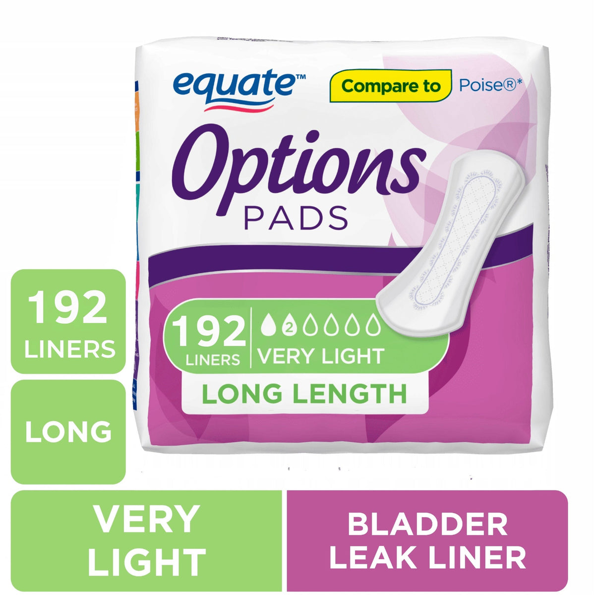 Equate Options Women's Incontinence Pads, Very Light, Long Length (192 Count)