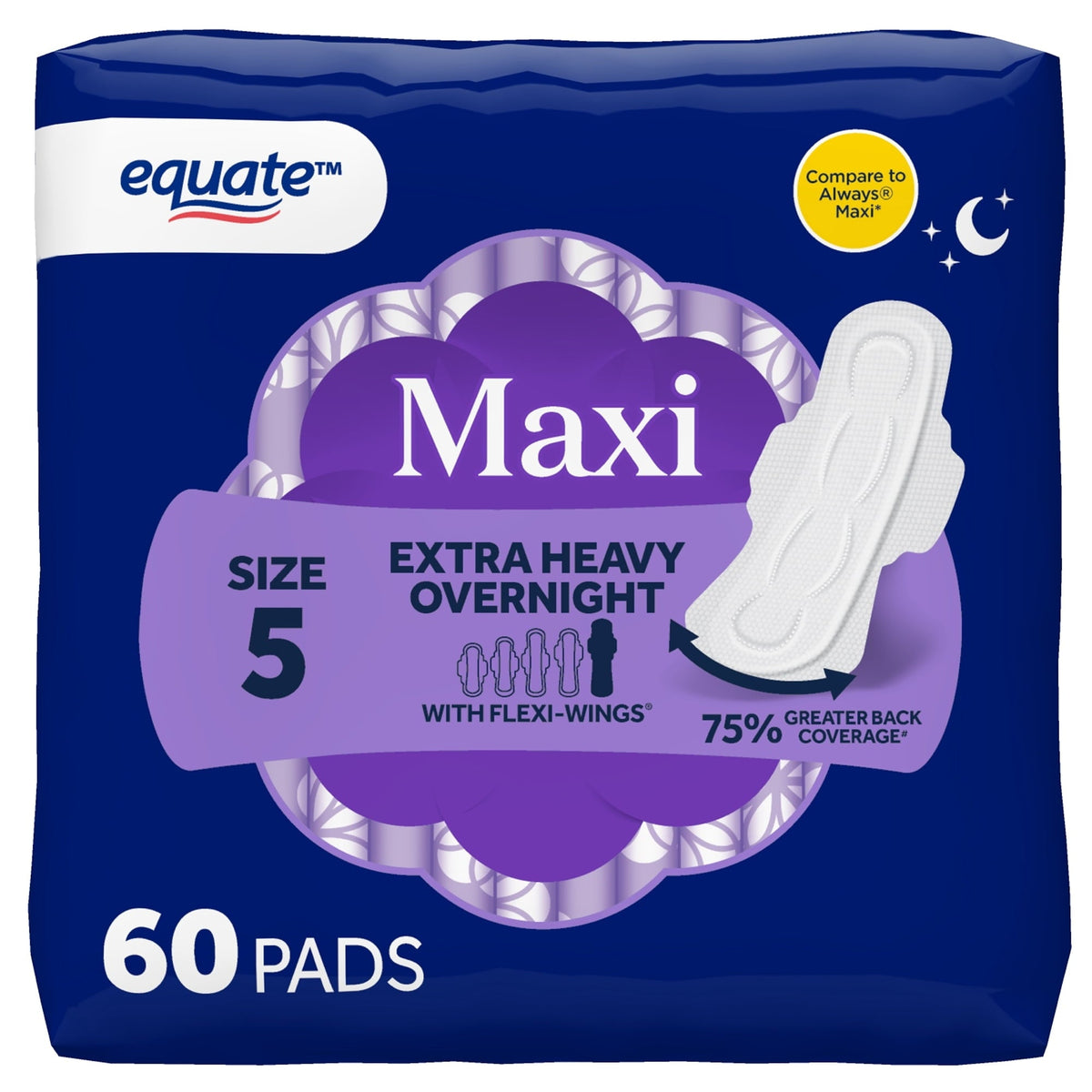 Equate Overnight Maxi Pads with Flexi-Wings, Extra Heavy Overnight Absorbency, Size 5, 60 Count  (PACK OF 3 )