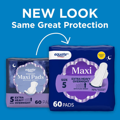 Equate Overnight Maxi Pads with Flexi-Wings, Extra Heavy Overnight Absorbency, Size 5, 60 Count  (PACK OF 3 )