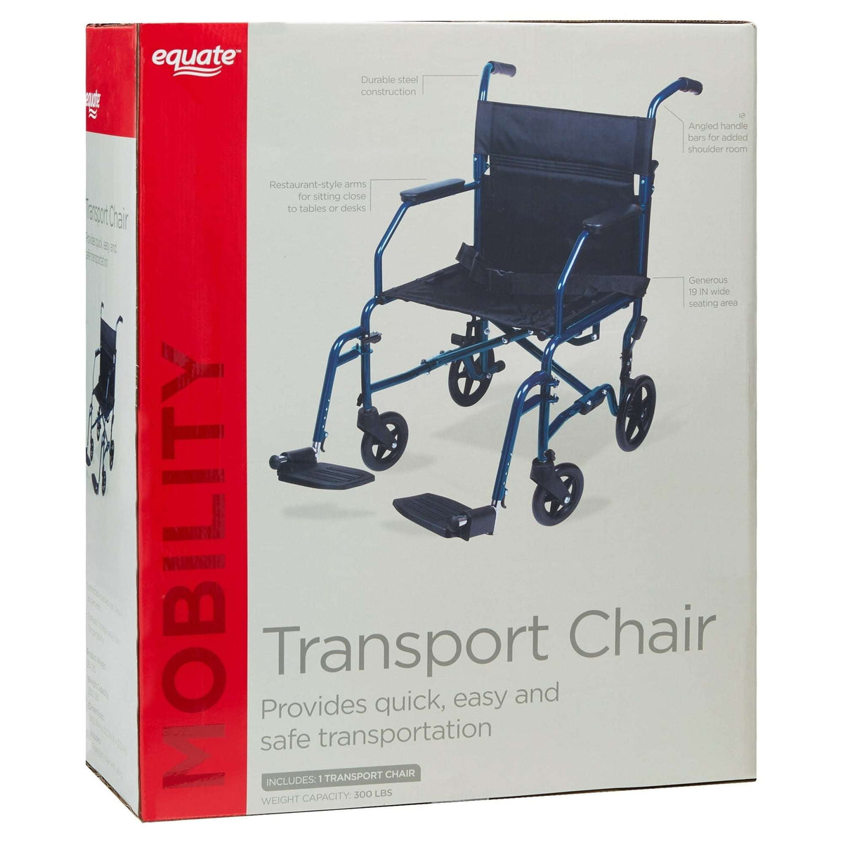 Equate Steel Folding Transport Wheelchair with 19" Seat, Black, 300 lb Weight Capacity