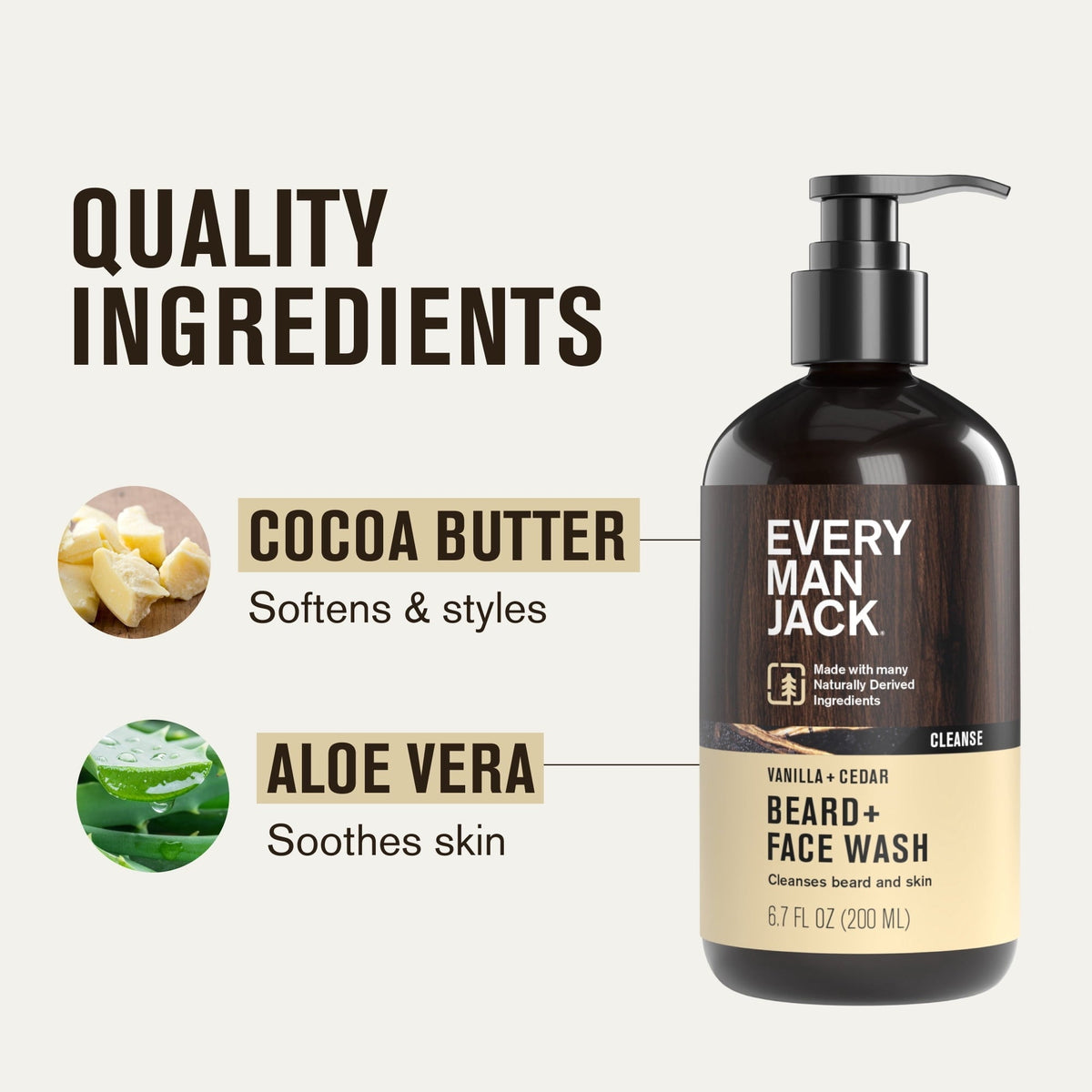 Every Man Jack Beard + Face Wash - Vanilla & Cedar Fragrance - Cleans & Softens Your Beard and Skin - Naturally Derived w/ Aloe and Glycerin- 6.7 fl oz