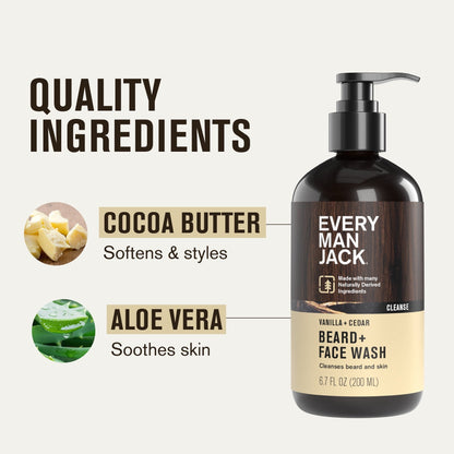 Every Man Jack Beard + Face Wash - Vanilla & Cedar Fragrance - Cleans & Softens Your Beard and Skin - Naturally Derived w/ Aloe and Glycerin- 6.7 fl oz