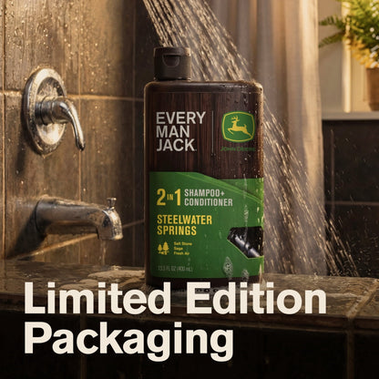 Every Man Jack Limited Edition John Deere Collection, 2-in-1 Men's Shampoo and Conditioner, Steelwater Springs scent, 13.5 oz (PACK OF 3 )