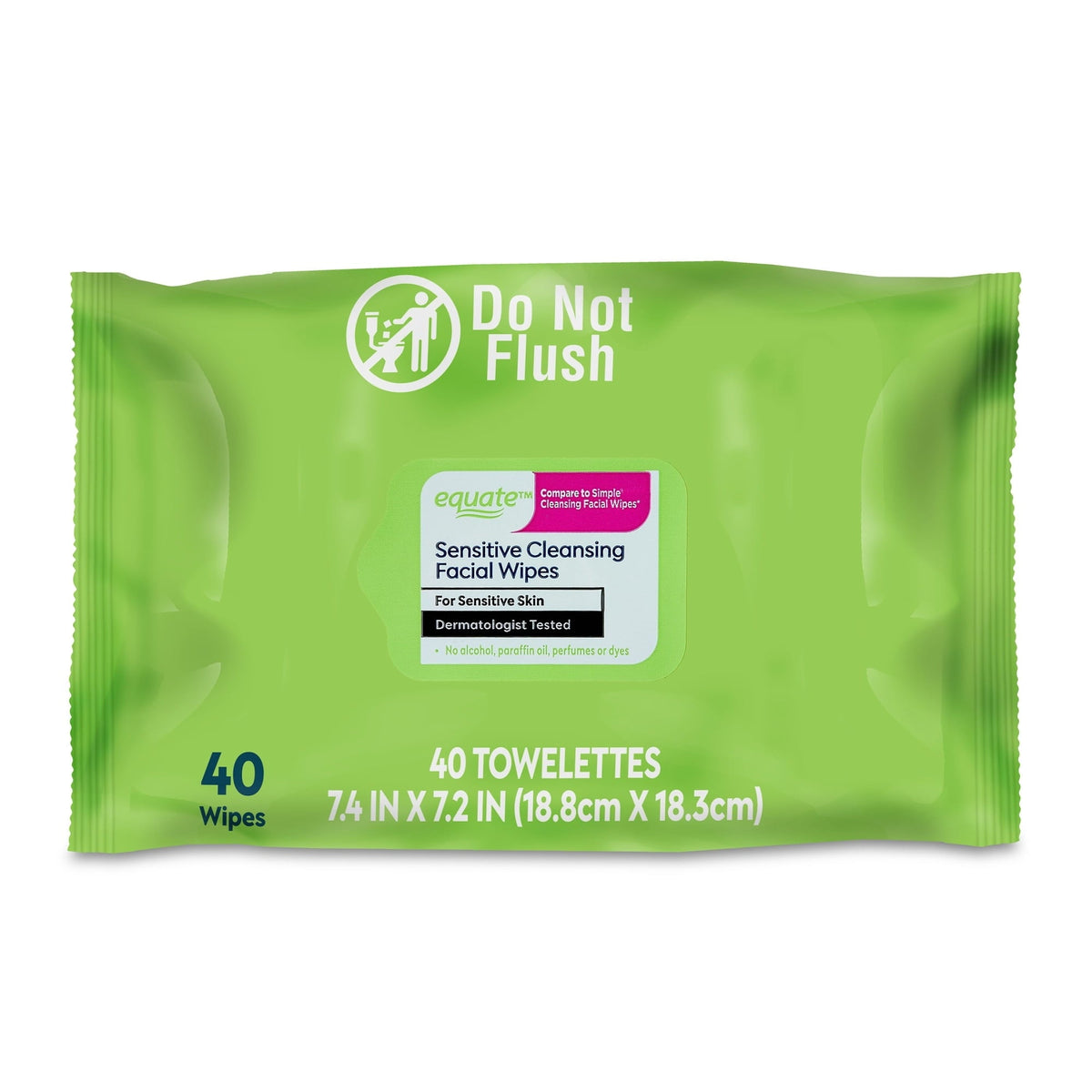 Equate Sensitive Cleansing Facial Towelette Wipes for Face Care of Sensitive Skin, Alcohol Free (40 Count), Compare to Simple® Cleansing Facial Wipes
