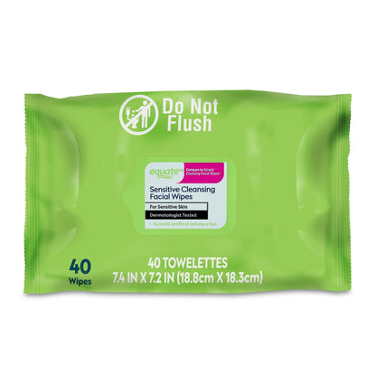 Equate Sensitive Cleansing Facial Towelette Wipes for Face Care of Sensitive Skin, Alcohol Free (40 Count), Compare to Simple® Cleansing Facial Wipes