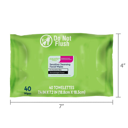 Equate Sensitive Cleansing Facial Towelette Wipes for Face Care of Sensitive Skin, Alcohol Free (40 Count), Compare to Simple® Cleansing Facial Wipes