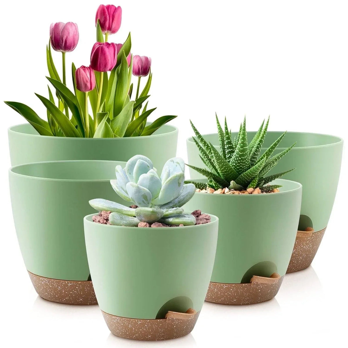 FOUKUS Set of 5 Self-Watering Plant Pots with Drainage – Eco-Friendly Plastic Planters for Indoor & Outdoor Use – Pots for Succulents, Cactus, Snake Plants (7", 6.5", 6", 5.5", 5")