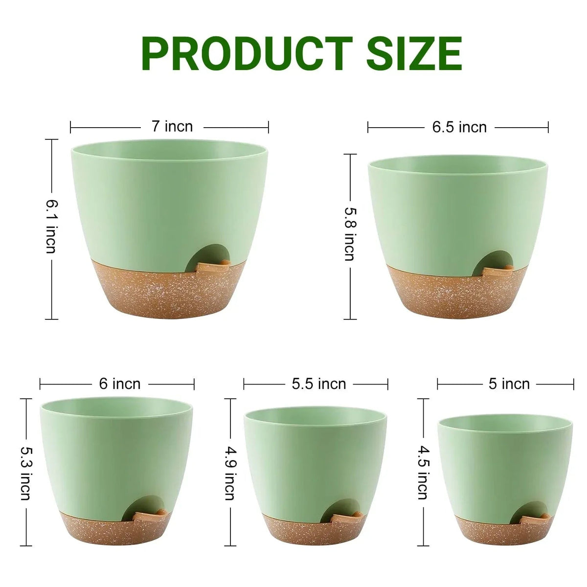 FOUKUS Set of 5 Self-Watering Plant Pots with Drainage – Eco-Friendly Plastic Planters for Indoor & Outdoor Use – Pots for Succulents, Cactus, Snake Plants (7", 6.5", 6", 5.5", 5")