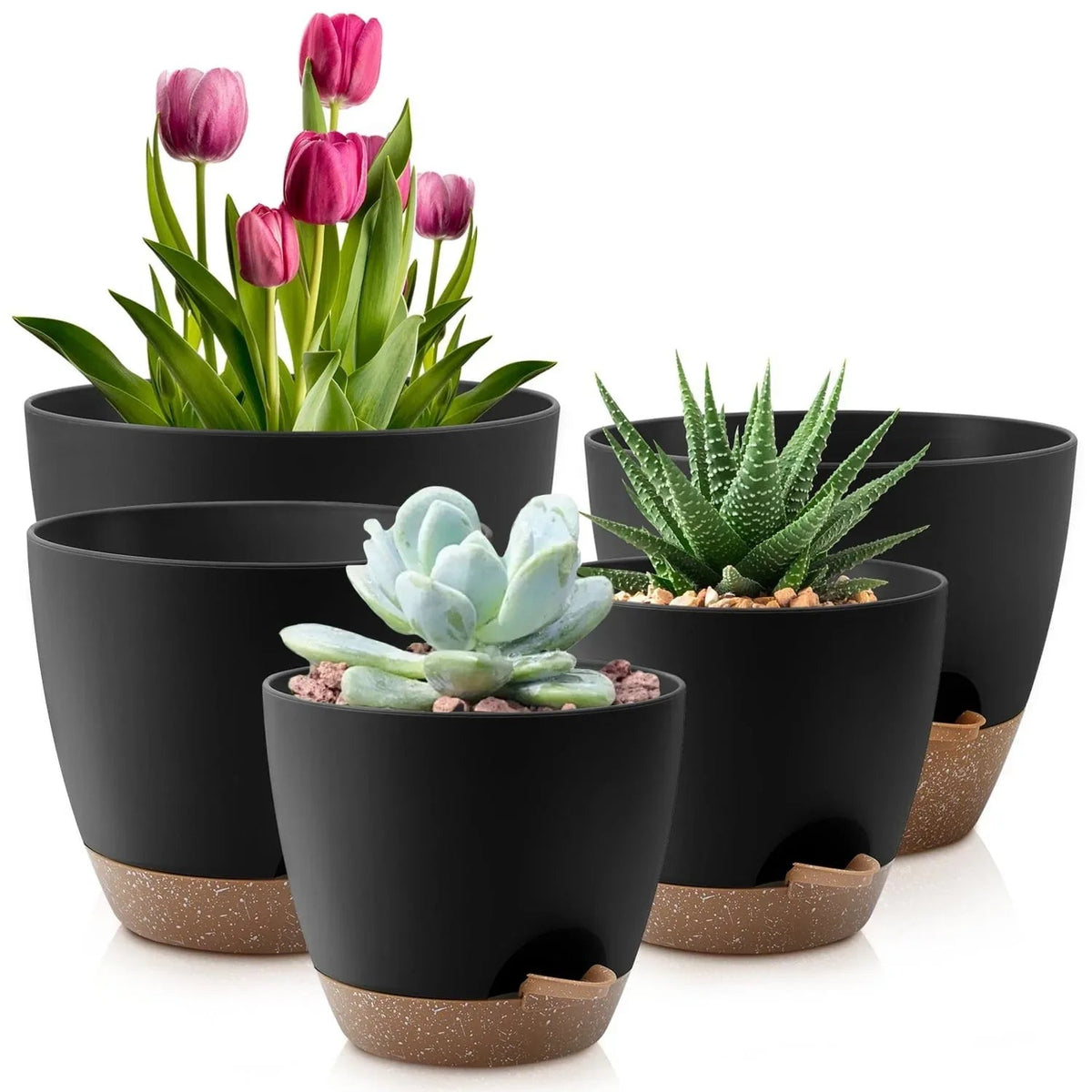 FOUKUS Set of 5 Self-Watering Plant Pots with Drainage – Eco-Friendly Plastic Planters for Indoor & Outdoor Use – Pots for Succulents, Cactus, Snake Plants (7", 6.5", 6", 5.5", 5")